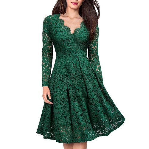 Lace Patchwork V Neck Flare Knee Length Dress - Green image