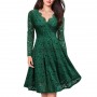 Lace Patchwork V Neck Flare Knee Length Dress - Green
