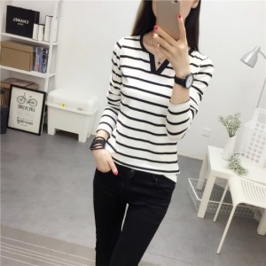 Slim Stripe V-neck Long Sleeve Casual T-Shirts - White