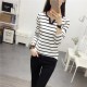 Slim Stripe V-neck Long Sleeve Casual T-Shirts - White image