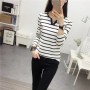Slim Stripe V-neck Long Sleeve Casual T-Shirts - White