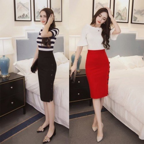 Professional Women's Split Fork Slim Side Buttons Skirt 