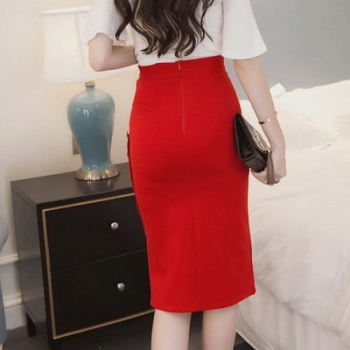 Professional Women's Split Fork Slim Side Buttons Skirt - Red image