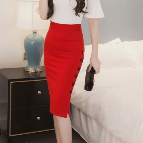 Professional Women's Split Fork Slim Side Buttons Skirt - Red image