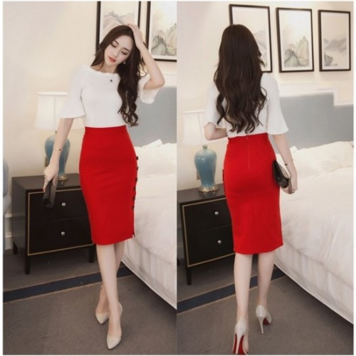 Professional Women's Split Fork Slim Side Buttons Skirt - Red image