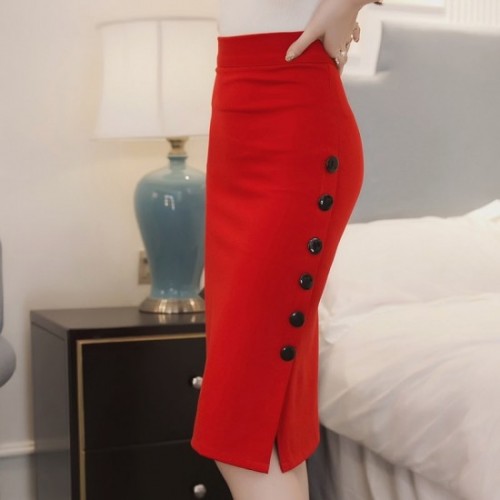 Professional Women's Split Fork Slim Side Buttons Skirt - Red image