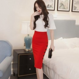 Professional Women's Split Fork Slim Side Buttons Skirt - Red