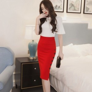 Professional Women's Split Fork Slim Side Buttons Skirt - Red