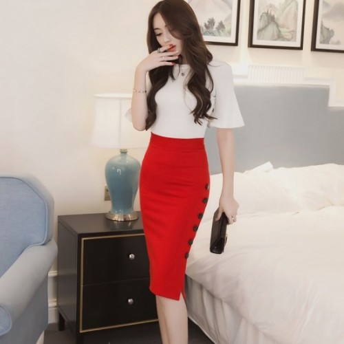 Professional Women's Split Fork Slim Side Buttons Skirt - Red image