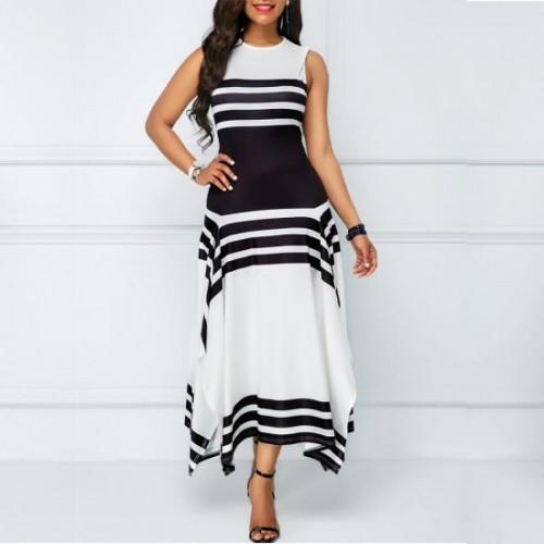 Asymmetric Printed Contrast Irregular Long Maxi Dress - Black image