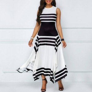 Asymmetric Printed Contrast Irregular Long Maxi Dress - Black