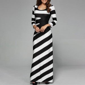 Large Size Long Sleeve Round Neck Striped Long Dress - Black