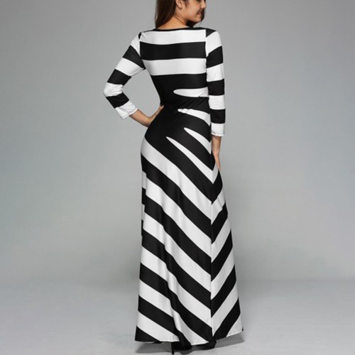 Large Size Long Sleeve Round Neck Striped Long Dress - Black image