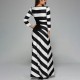 Large Size Long Sleeve Round Neck Striped Long Dress - Black image