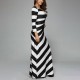 Large Size Long Sleeve Round Neck Striped Long Dress - Black image