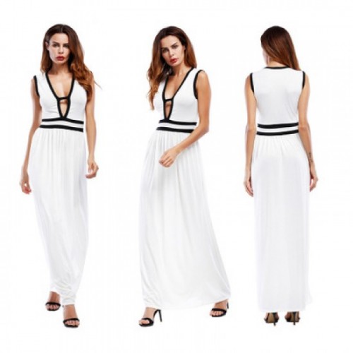 New European Elegant Style Deep V-Neck Long Maxi Dress - White image