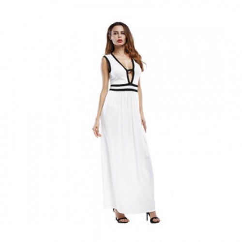 New European Elegant Style Deep V-Neck Long Maxi Dress - White image