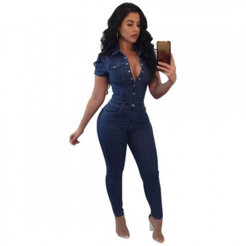 Latest American fashion Slim Denim Casual Jumpsuit - Dark Blue image