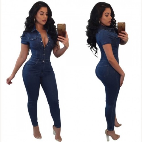 Latest American fashion Slim Denim Casual Jumpsuit - Dark Blue image