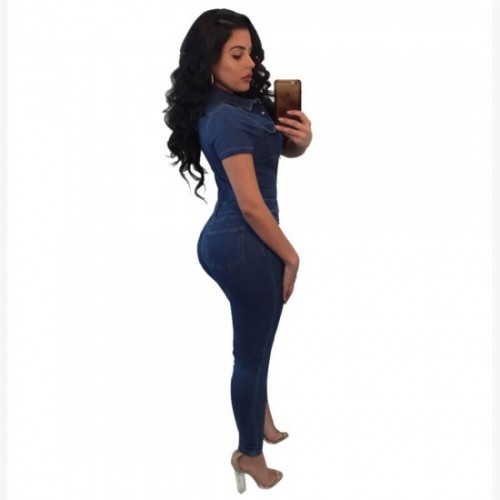 Latest American fashion Slim Denim Casual Jumpsuit - Dark Blue image