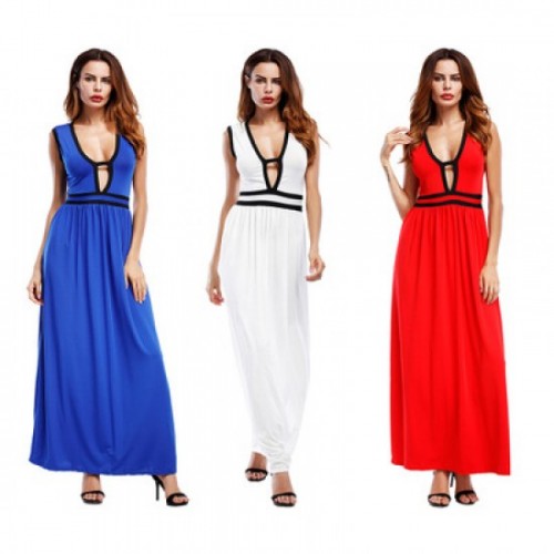 New European Elegant Style Deep V-Neck Long Maxi Dress - Blue image
