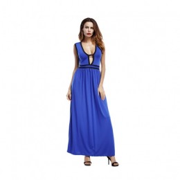 New European Elegant Style Deep V-Neck Long Maxi Dress - Blue