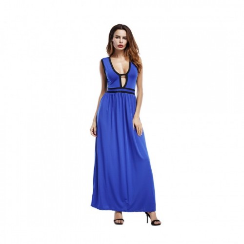 New European Elegant Style Deep V-Neck Long Maxi Dress - Blue image