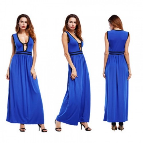 New European Elegant Style Deep V-Neck Long Maxi Dress - Blue image