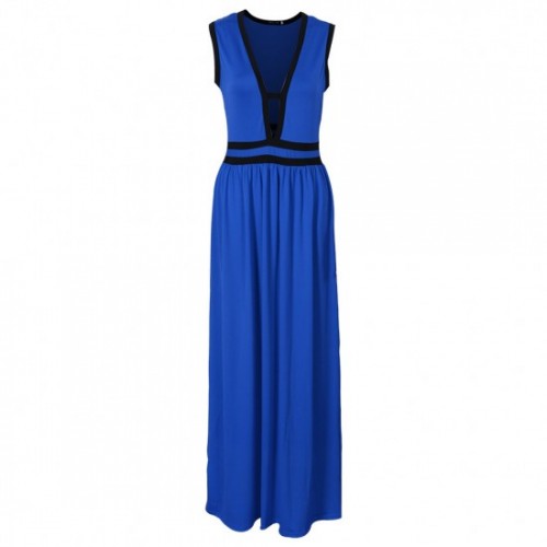 New European Elegant Style Deep V-Neck Long Maxi Dress - Blue image