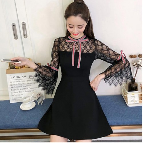 Lace Pattern Bell Sleeves Spring Mini Dress-Black image