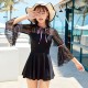 Lace Pattern Bell Sleeves Spring Mini Dress-Black image