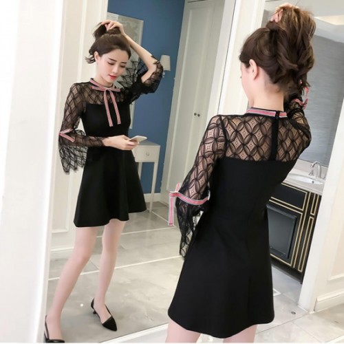 Lace Pattern Bell Sleeves Spring Mini Dress-Black image