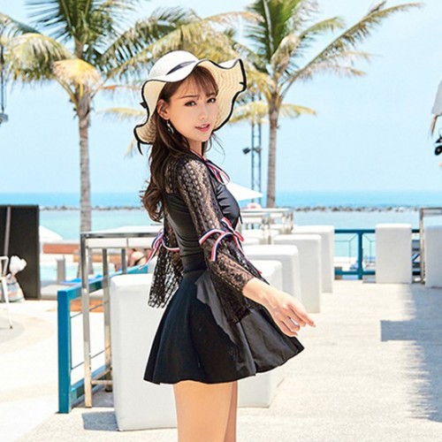 Lace Pattern Bell Sleeves Spring Mini Dress-Black image