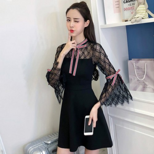 Lace Pattern Bell Sleeves Spring Mini Dress-Black image