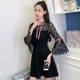 Lace Pattern Bell Sleeves Spring Mini Dress-Black image