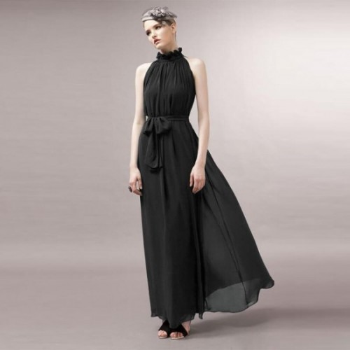 Bohemian Hanging Neck Sleeveless Cotton Long Dress - Black image