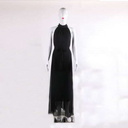Bohemian Hanging Neck Sleeveless Cotton Long Dress - Black image