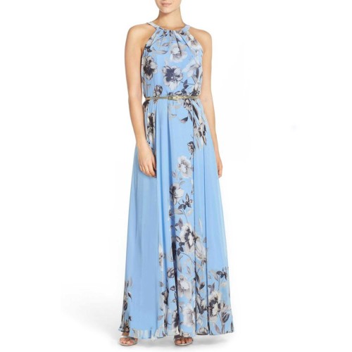 Summer Chiffon Hanging Neck Floral Print Casual Dress - Blue image