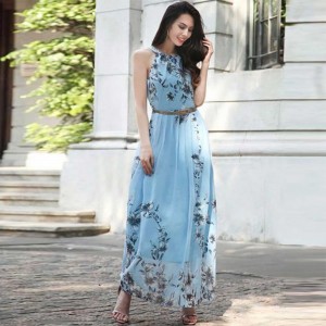 Summer Chiffon Hanging Neck Floral Print Casual Dress - Blue