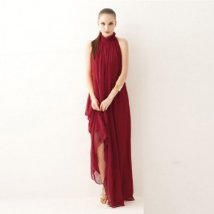 Bohemian Hanging Neck Sleeveless Cotton Long Dress - Maroon