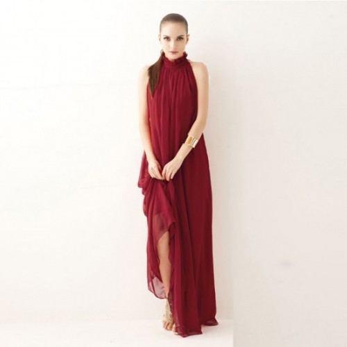 Bohemian Hanging Neck Sleeveless Cotton Long Dress - Maroon image