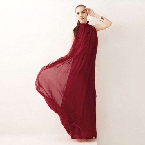 Bohemian Hanging Neck Sleeveless Cotton Long Dress - Maroon image