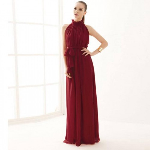 Bohemian Hanging Neck Sleeveless Cotton Long Dress - Maroon image