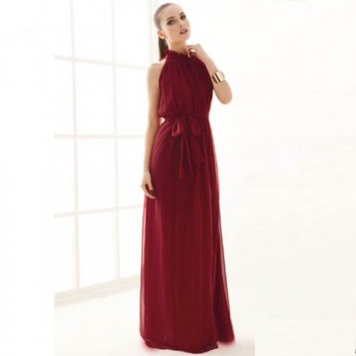 Bohemian Hanging Neck Sleeveless Cotton Long Dress - Maroon image