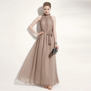 Bohemian Hanging Neck Sleeveless Cotton Long Dress - Grey