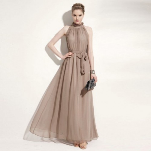 Bohemian Hanging Neck Sleeveless Cotton Long Dress - Grey image
