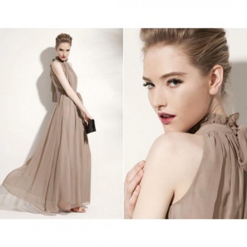 Bohemian Hanging Neck Sleeveless Cotton Long Dress - Grey image