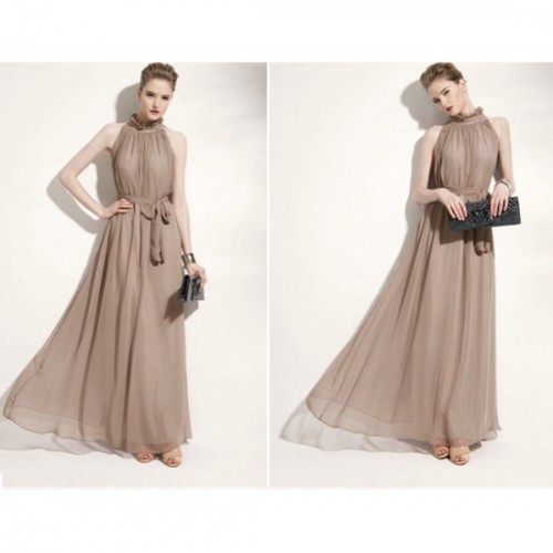 Bohemian Hanging Neck Sleeveless Cotton Long Dress - Grey image