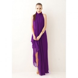 Bohemian Hanging Neck Sleeveless Cotton Long Dress - Purple