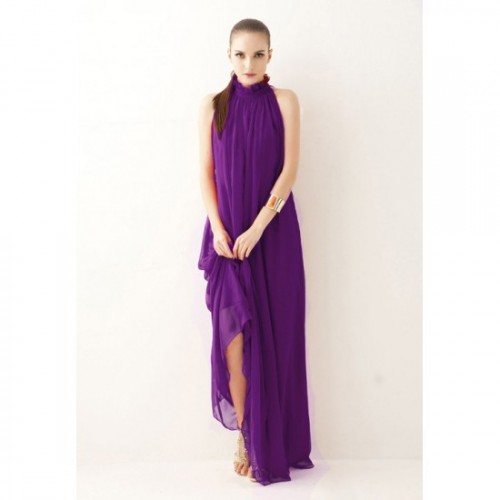 Bohemian Hanging Neck Sleeveless Cotton Long Dress - Purple image